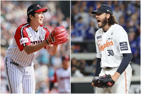 LG Twins pitcher Son Ju-young, left, and Hanwha Eagles pitcher Cody Ponce have been named the starting pitchers for Game 3 of the 2025 KBO championship series to be held at Hanwha Life Ballpark in Daejeon on Oct. 29. [YONHAP]