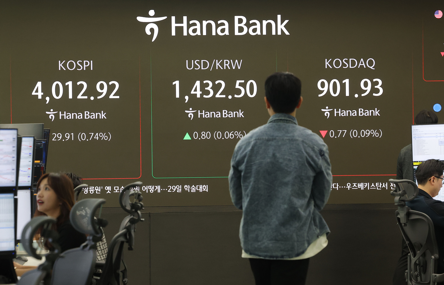 A screen in Hana Bank's trading room in central Seoul shows the Kospi opening on Oct. 28. [YONHAP]