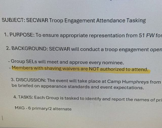 Email outlining beard restrictions for Defense Secretary Pete Hegseth's visit to Osan Air Base, Korea, posted on an unofficial "Air Force "amn/nco/snco" Facebook page [SCREEN CAPTURE]