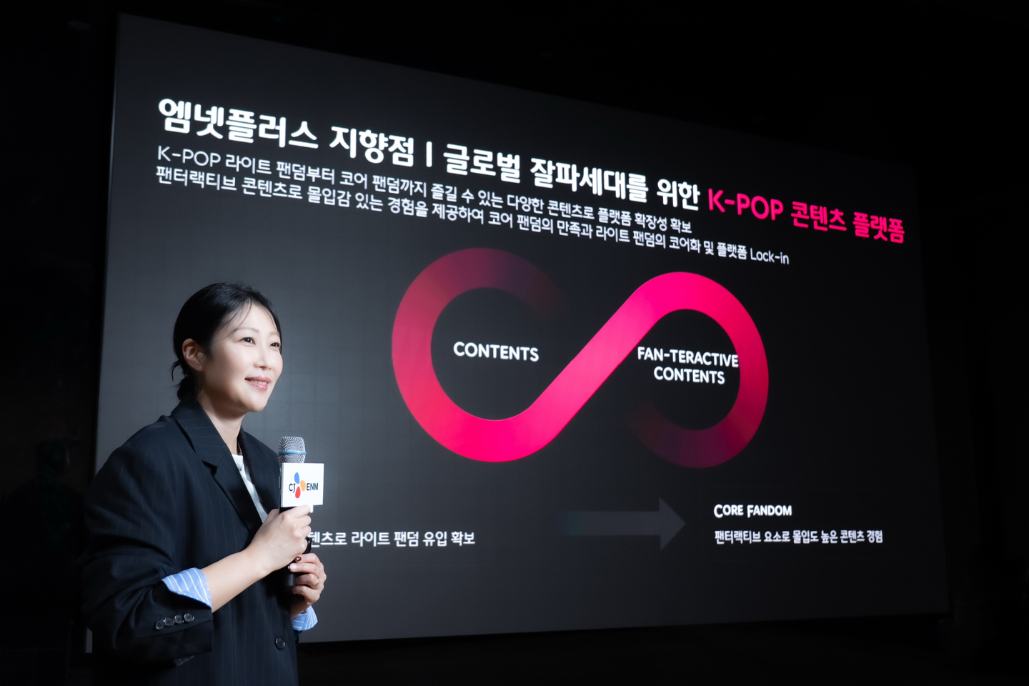 Mnet Plus Senior Vice President Kim Ji-won speaks during the CJ ENM Culture Talk event hosted by CJ ENM at the company's headquarters in western Seoul on Oct. 28. [CJ ENM]