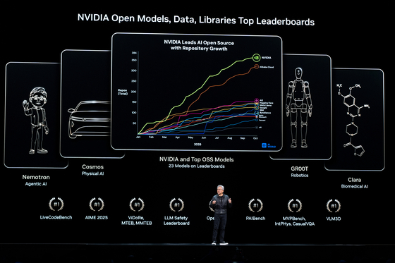 Nvidia CEO Jensen Huang speaks on how AI infrastructure and AI factories that generate intelligence at scale are powering a new industrial revolution, at the Washington Convention Center on Oct. 28 in Washington, D.C. [AP/YONHAP]