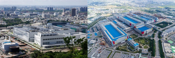 Left: Taiwan Semiconductor Manufacturing Company's (TSMC) fabrication plant in Kaohsiung, Taiwan, June 7. Right: Samsung Electronics' chip production plant at Pyeongtaek, Gyeonggi, on Sept. 7, 2022. [REUTERS/YONHAP]