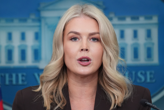 White House Press Secretary Karoline Leavitt speaks at a press briefing in the James Brady Press Briefing room at the White House on Oct. 6 in Washington. [AP/YONHAP]