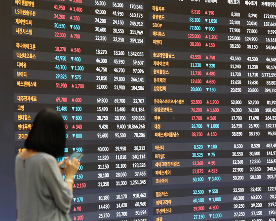 Stocks are shown on a screen in Korea Exchange's office in Yeouido, western Seoul, on Sept. 15. [YONHAP]