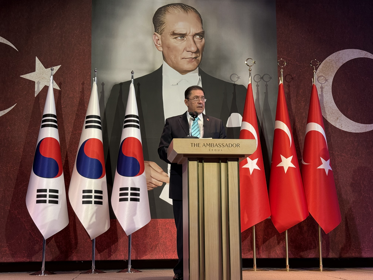 Turkish Ambassador to Seoul Murat Tamer speaks during a reception marking the 102nd anniversary of the founding of the Republic of Turkiye, which was held at the Ambassador Hotel in central Seoul, on Oct. 29. [LEE SOO-JUNG]