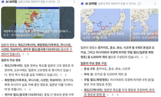 An AI-generated answer displayed at the top of search results on Korea’s largest portal site Naver identifying Dokdo as Japanese territory [SCREEN CAPTURE]