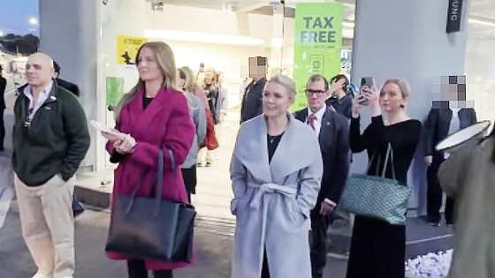 White House press secretary Karoline Leavitt, third from left, is spotted in front of Olive Young's store on Hwangnidan Street in Gyeongju, North Gyeongsang, on Oct. 29, as captured in a video uploaded to YouTube. [SCREEN CAPTURE]