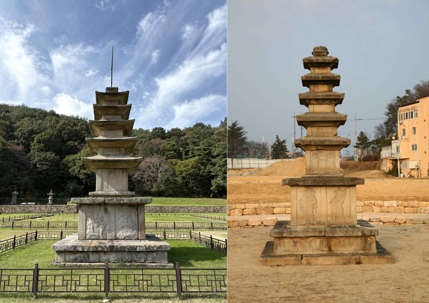 The Korea Heritage Service announced on Oct. 30 that the Five-story Stone Pagoda at Bowonsa Temple Site, Seosan, left, and the Five-story Stone Pagoda at Gaesimsa Temple Site, Yecheon, will be elevated to National Treasure status, about 62 years after both were designated as Treasures in 1963. [KOREA HERITAGE SERVICE]