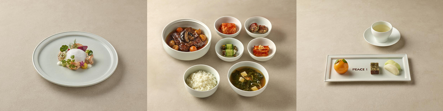 This photo provided by the Korean presidential office shows the menu served during the luncheon between President Lee Jae Myung and U.S. President Donald Trump at the Gyeongju National Museum in the southeastern city of Gyeongju on Oct. 29. From left to right: a seafood appetizer, a main dish made with Gyeongju rice and U.S. beef short ribs and a citrus dessert decorated with the lettering ″PEACE.″ [PRESIDENTIAL OFFICE]