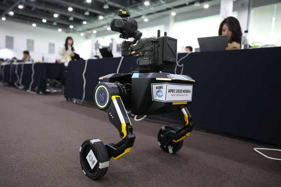 A robot with a camera is seen at the APEC 2025 Korea International Media Center in Gyeongju, North Gyeongsang, on Oct. 30. [TASS/YONHAP]