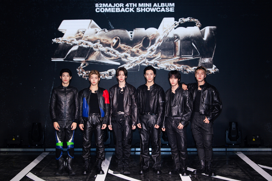 Boy band 82Major poses for photos during a press showcase for its fourth EP, ″Trophy,″ at Ilchi Art Hall in southern Seoul on Oct. 30. [GREAT M ENTERTAINMENT]