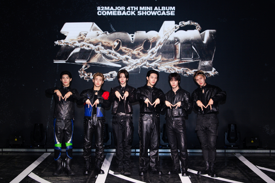 Boy band 82Major poses for photos during a press showcase for its fourth EP, ″Trophy,″ at Ilchi Art Hall in southern Seoul on Oct. 30. [GREAT M ENTERTAINMENT]