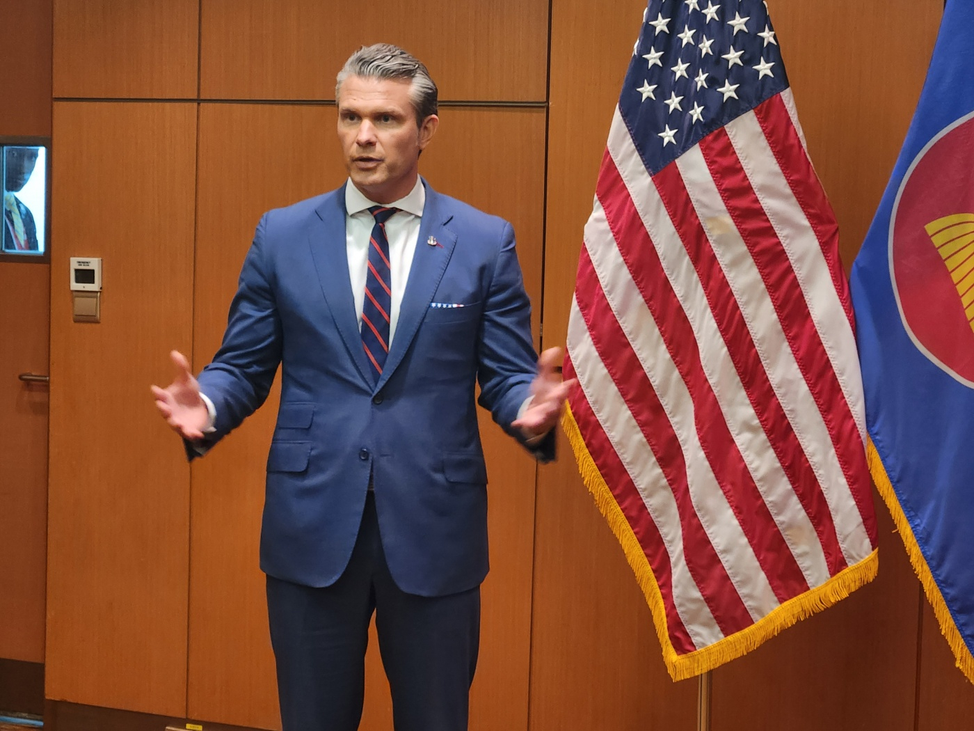 U.S. Defense Secretary Pete Hegseth speaks during a press availability on the margins of the Association of Southeast Asian Nations Defense Ministers' Meeting-Plus in Kuala Lumpur, Malaysia, on Oct. 31. [YONHAP]