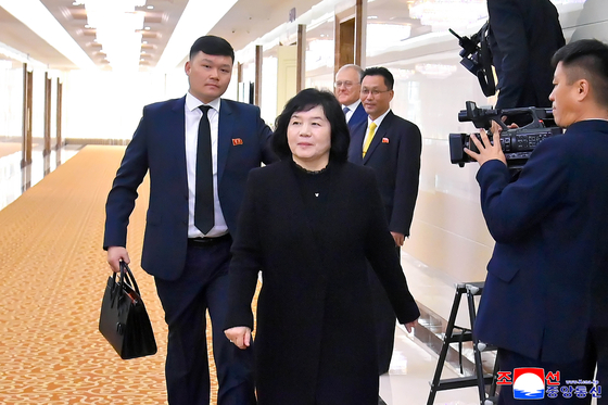 North Korean Foreign Minister Choe Son-hui departs Pyongyang on Oct. 26, for a trip to Russia and Belarus, in this photo released by the Korean Central News Agency the following day [KOREAN CENTRAL NEWS AGENCY]