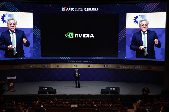 Nvidia CEO, Jensen Huang, speaks at the APEC CEO Summit in Gyeongju, North Gyeongsang on Oct. 31. [EPA/YONHAP] 