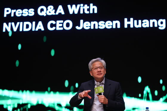 Nvidia CEO Jensen Huang speaks during a press conference at the APEC CEO summit in Gyeongju, North Gyeongsang on Oct. 31. [AP/YONHAP] 
