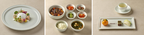 This photo provided by the Korean presidential office shows the menu served during the luncheon between President Lee Jae Myung and U.S. President Donald Trump at the Gyeongju National Museum in Gyeongju on Oct. 29. From left to right: a seafood appetizer, a main dish made with Gyeongju rice and U.S. beef short ribs and a citrus dessert decorated with the lettering ″PEACE.″ [PRESIDENTIAL OFFICE]
