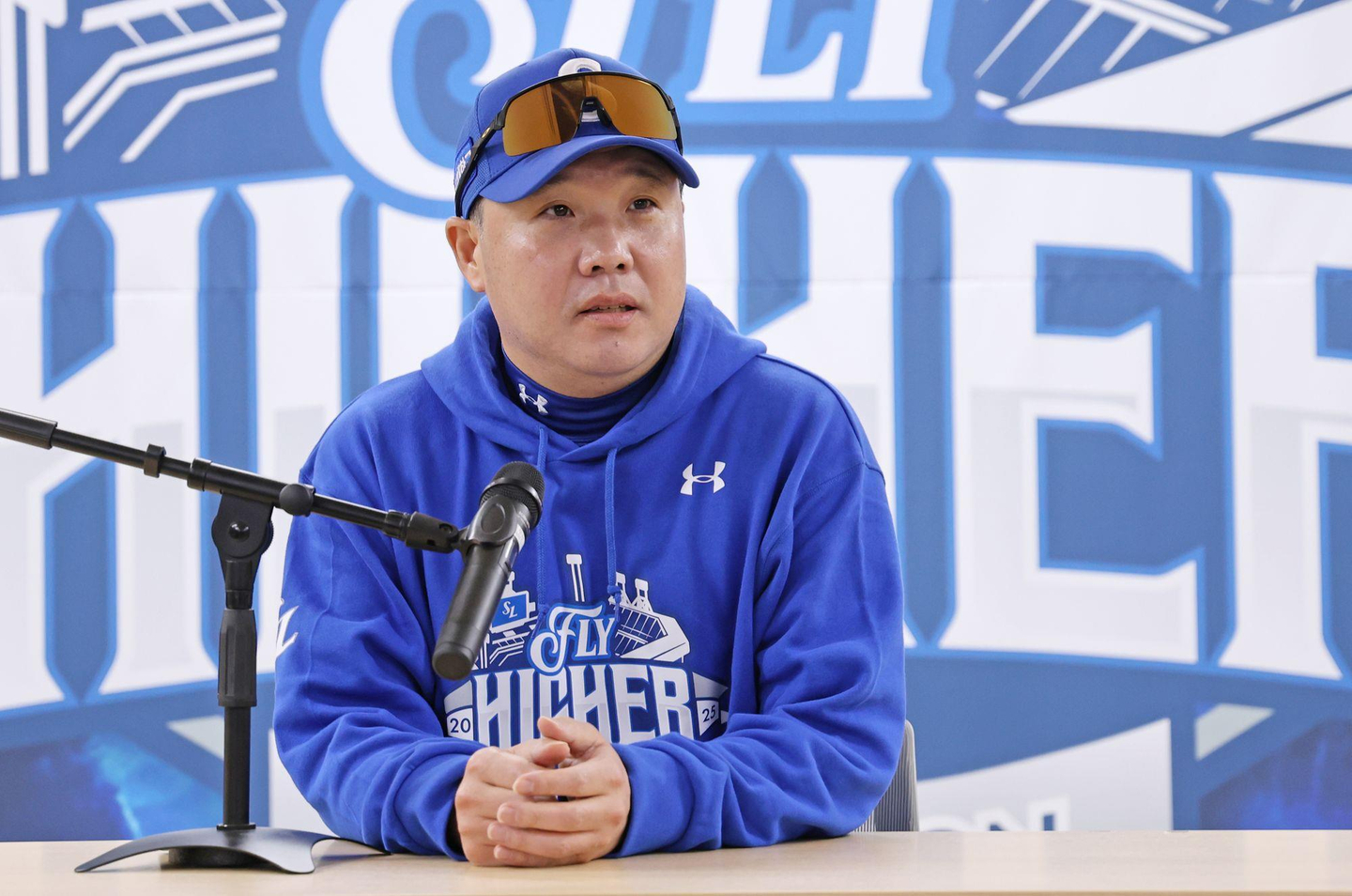 Samsung Lions manager Park Jin-man speaks before Game 4 of the second-round series in the KBO postseason against the Hanwha Eagles at Daegu Samsung Lions Park in the southeastern city of Daegu on Oct. 22. [SAMSUNG LIONS]