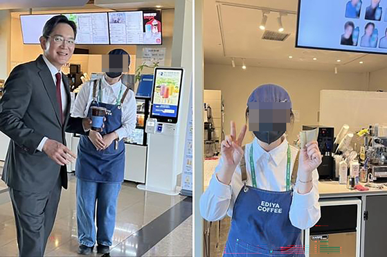 A cafe employee hands a cup of coffee to Samsung Electronics Executive Chairman Lee Jae-yong at a coffee shop inside the Hanwha Resorts in Gyeongju, North Gyeongsang, on Nov. 1, during the Asia-Pacific Economic Cooperation (APEC) summit. [SCREEN CAPTURE]