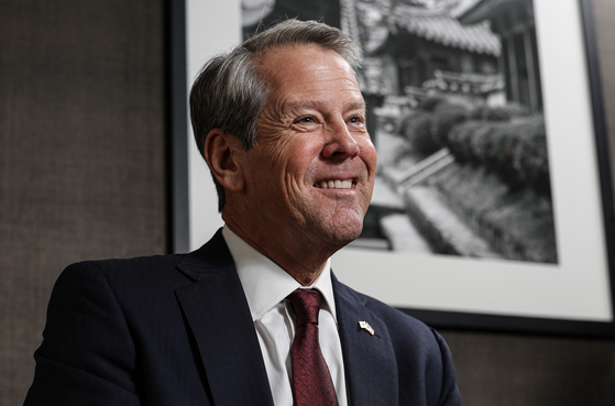 Georgia Gov. Brian Kemp speaks during an interview with the JoongAng Ilbo in a hotel in central Seoul on Oct. 23. [KIM KYOUNG-ROK]