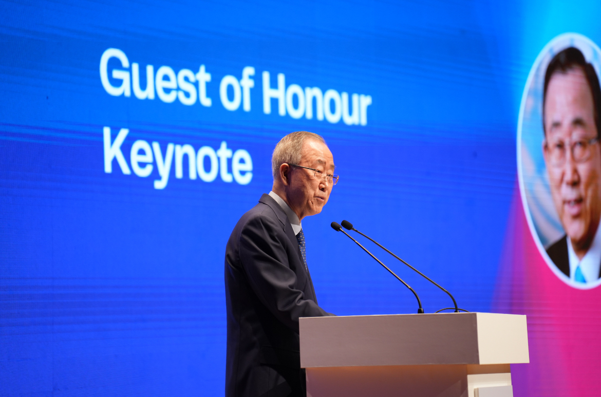 Ban Ki-moon, eighth secretary-general of the United Nations, gives a speech during the higher education summit on Nov. 4. [QUACQUARELLI SYMONDS]