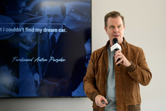 Porsche Korea CEO Mathias Busse speaks during a test drive session for the Korean press in Jeju on Oct. 28. [PORSCHE KOREA]