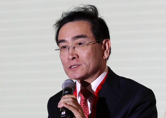 Tae Yong-ho, then-secretary general of The Peaceful Unification Advisory Council, delivers congratulatory remarks during the NK Insider Forum at Le Meridien Seoul Myeongdong in Jung District, central Seoul, on Dec. 19, 2024. [NEWS1]