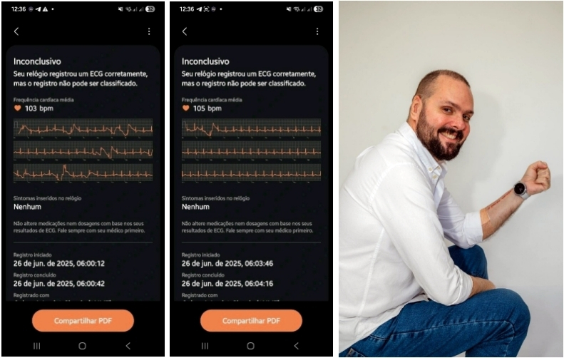Roberto Gallart, right, wears a Galaxy Watch6 Classic as his electrocardiogram reading is displayed. [SAMSUNG ELECTRONICS LATIN AMERICA]