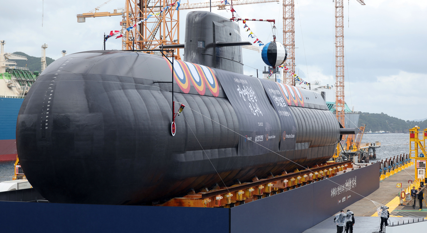 The Jang Yeong-sil, the first submarine of the Jangbogo-III Batch-II class, is seen during its launch ceremony at Hanwha Ocean in Geoje, South Gyeongsang, on Oct. 22. The 3,600-ton vessel is a diesel-electric submarine equipped with vertical launch tubes and is considered one of the most advanced of its kind. [YONHAP]