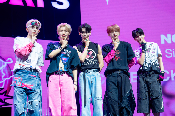 Boy band Nowadays poses for photos during a showcase held on Aug. 27 at the Yes24 Live Hall music venue in eastern Seoul. [DANIELA GONZALEZ PEREZ]