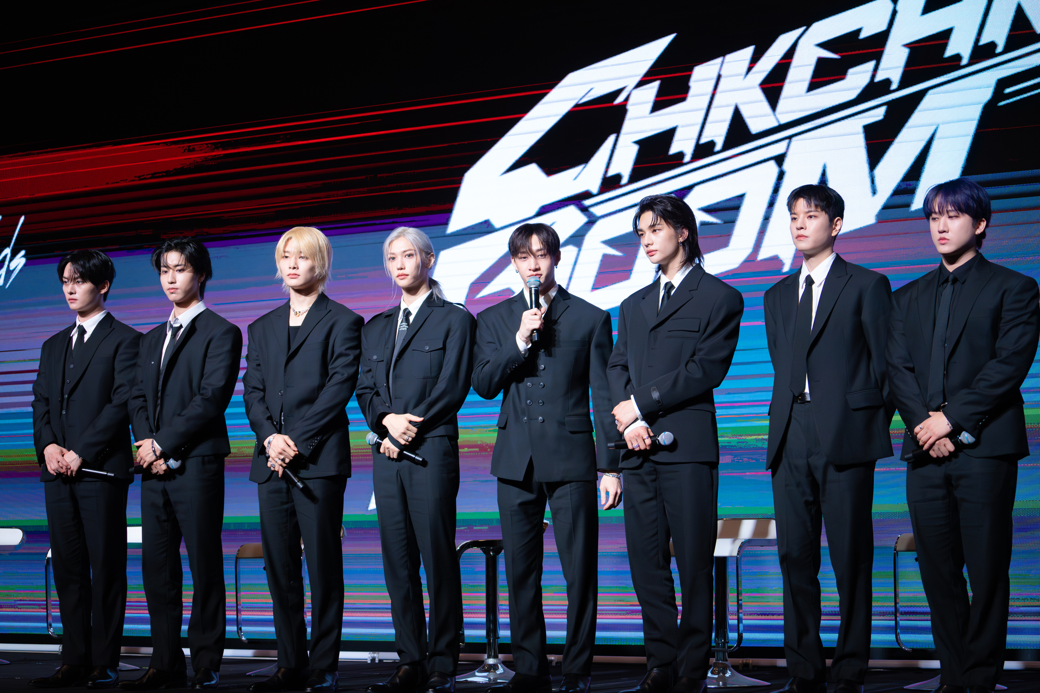 Members of boy band Stray Kids pose for photos during a press conference held at Conrad Seoul hotel in western Seoul on July 19 [DANIELA GONZALEZ PEREZ]
