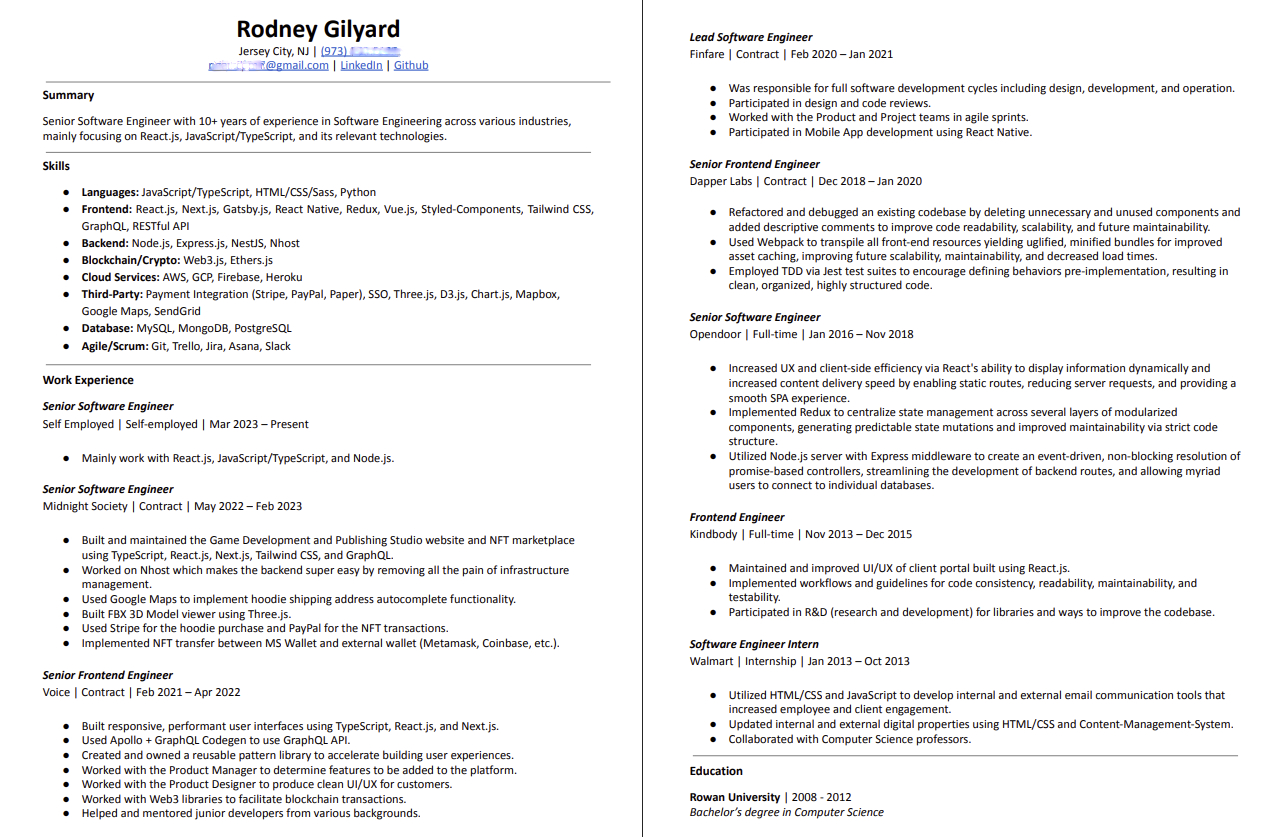 The resume of a suspected North Korean cyber operative who used the alias Rodney Gilyard to apply to a job opening at Robin Kim's company in 2023. [ROBIN KIM]