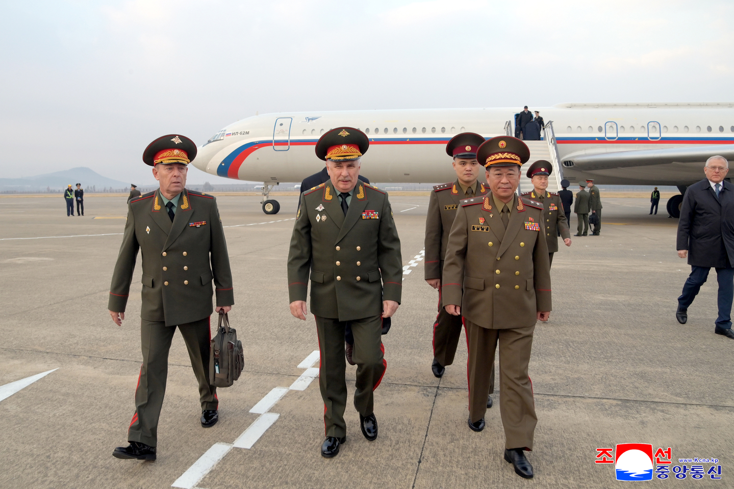 A Russian military delegation, led by Russian Deputy Defense Minister Viktor Goremykin, second from left, arrives in North Korea on Nov. 5, 2025, in this photo carried by the North's official Korean Central News Agency the following day. [KCNA]