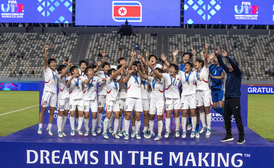 North Korea celebrate with the podium after winning the FIFA U-17 Women's World Cup in Rabat, Morocco on Nov. 8. [EPA/YONHAP] 