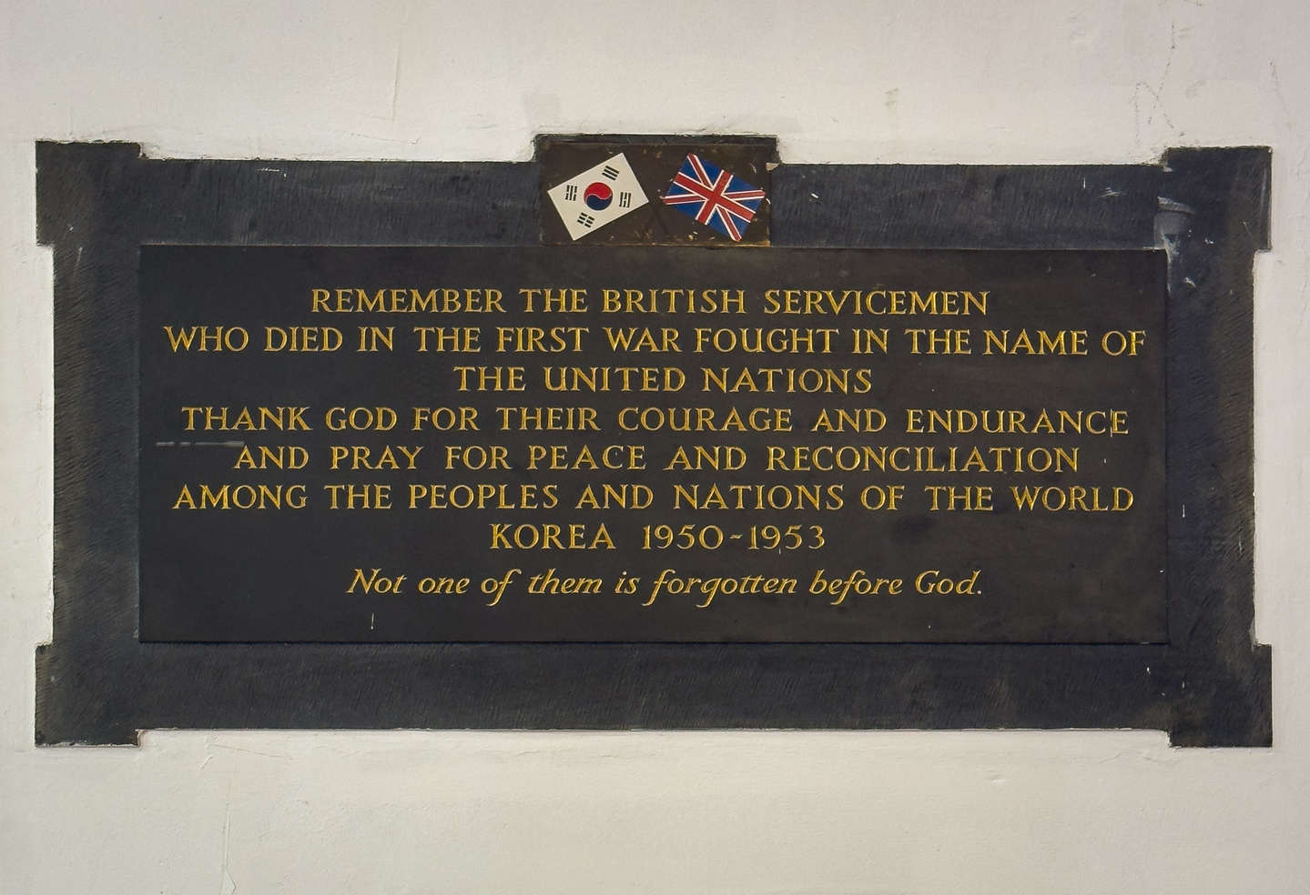 A war memorial plaque unveiled by Britain's King Charles III during his visit to Korea as Prince of Wales in 1992, located at the end of the southern transept of the Seoul Anglican Cathedral in Jung District, central Seoul [MICHAEL LEE]