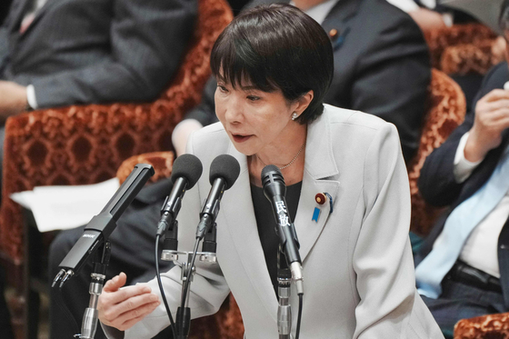 Japanese Prime Minister Sanae Takaichi responds to questions during a session of the House of Representatives' Budget Committee at the National Diet in Tokyo on Nov. 10. [AFP/YONHAP]