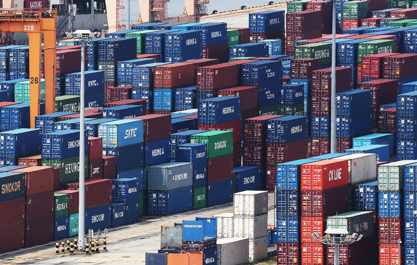 Containers are stacked at Pyeongtaek Port in Gyeonggi on Sept. 4. [YONHAP] 