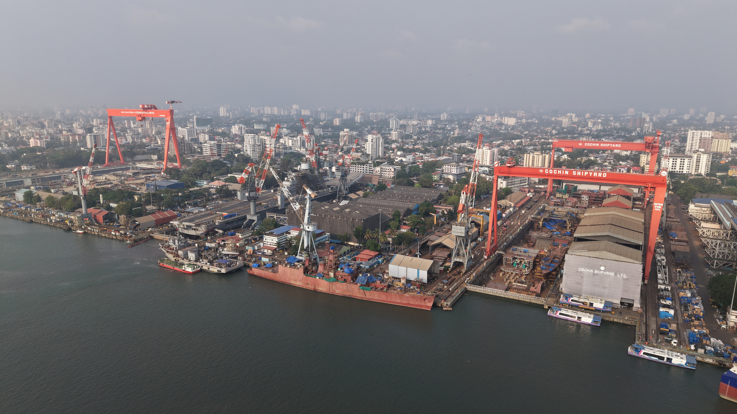 A view of Cochin Shipyard in India. HD Hyundai Heavy Industries announced Nov. 11 that it had signed a memorandum of understanding with Cochin Shipyard, India’s largest state-owned shipbuilder, to cooperate on the Indian Navy’s landing platform dock program. [HD HYUNDAI HEAVY INDUSTRIES]