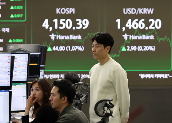 A screen in Hana Bank's trading room in central Seoul shows the Kospi closing at 4,150.39 points on Nov. 12, up 44 points, or 1.07 percent, from the previous session. [YONHAP]