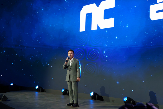 NCSoft Co-founder and Chief Creative Officer Kim Taek-jin speaks at the company's keynote address at the G-Star 2025 in the Busan Exhibition and Convention Center in Busan on Nov. 13. [CHO YONG-JUN]