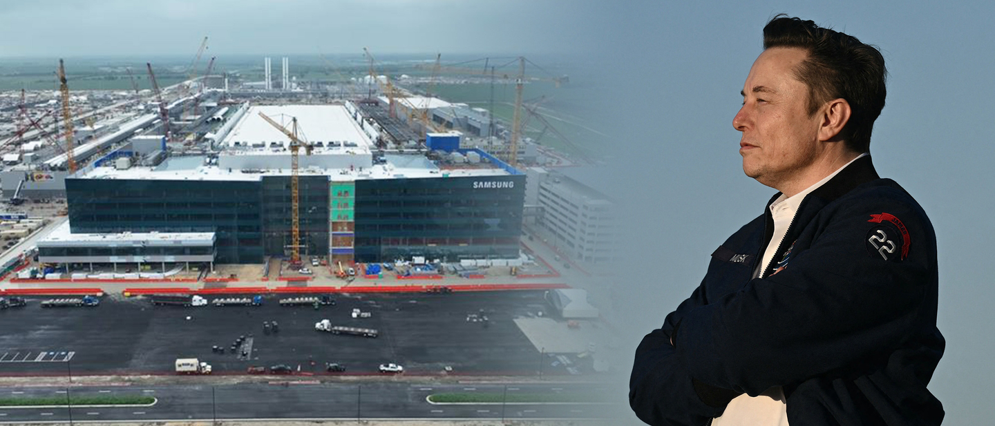 Samsung's chip plant under construction in Taylor, Texas, left, and Tesla CEO Elon Musk [AFP/YONHAP]