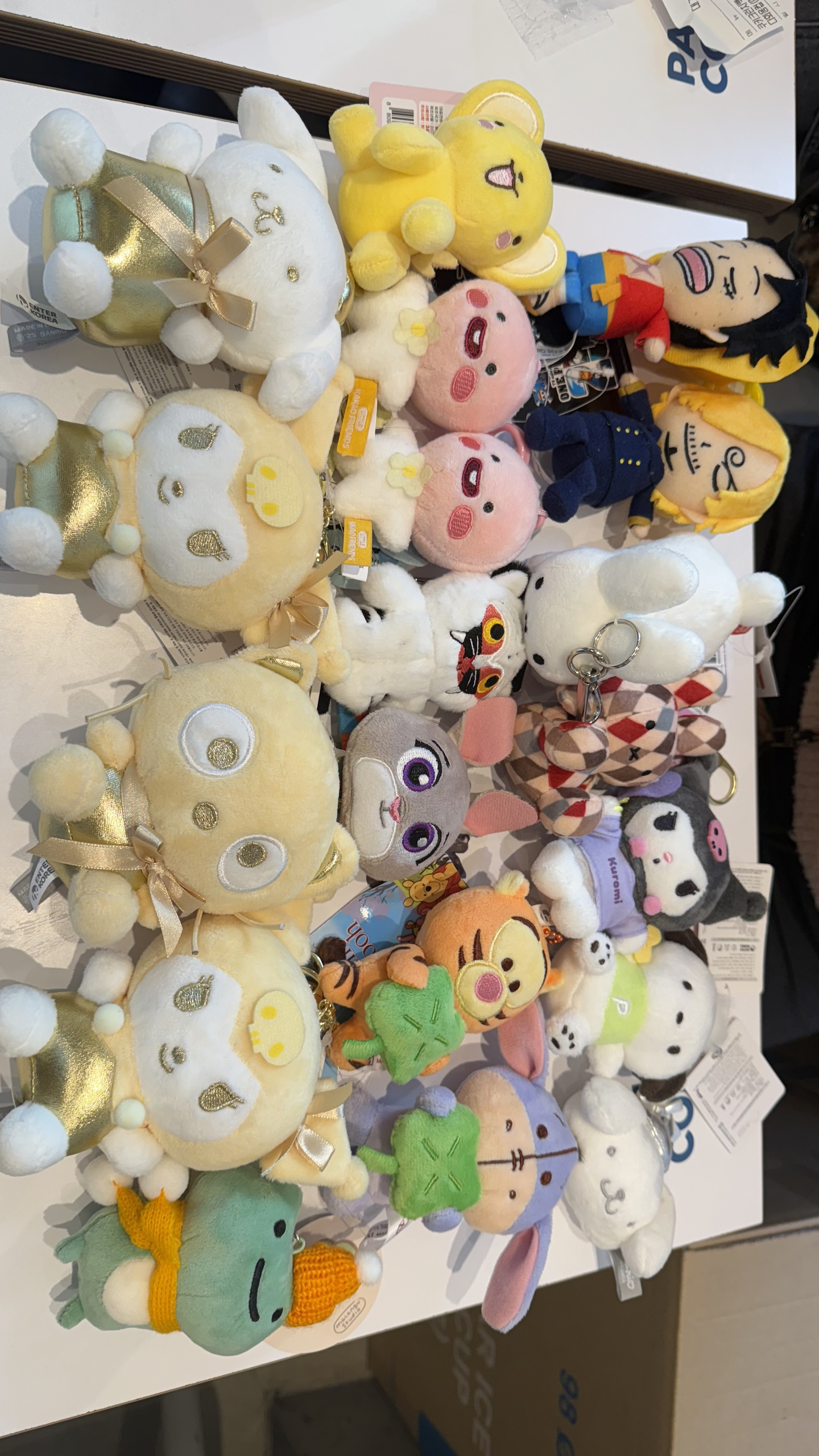 Some of the keyring plushies Kim won from claw machines in Hongdae, western Seoul, on Nov. 9. [WOO JI-WON]