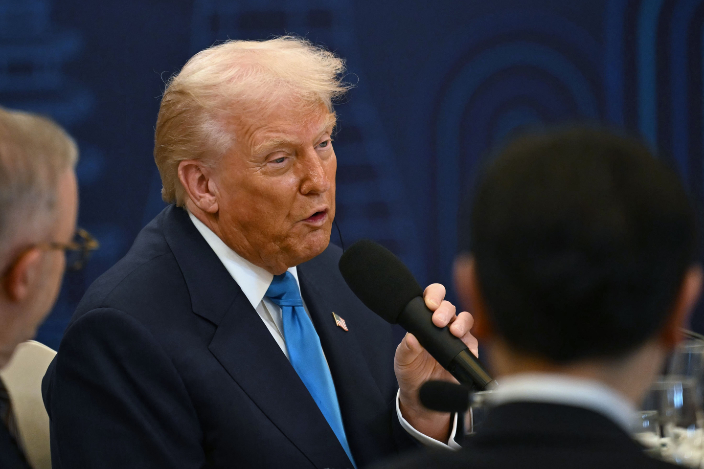 U.S. President Donald Trump speaks during a special dinner hosted in his honor and state leaders by Korea's President Lee Jae Myung at the Hilton Gyeongju hotel in Gyeongju, North Gyeongsang, on Oct. 29. [AFP/YONHAP]