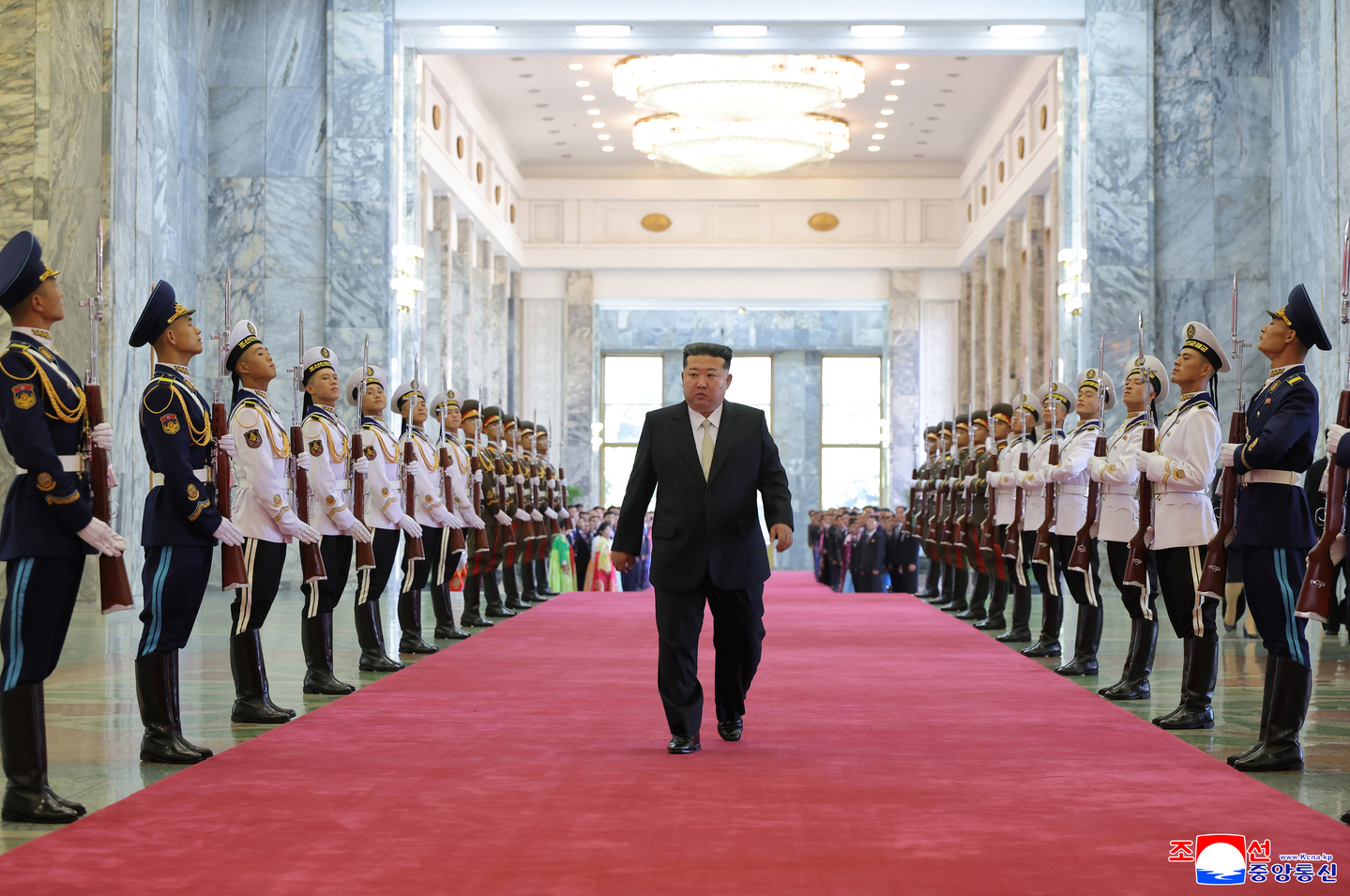 North Korean leader Kim Jong-un arrives to attend a national flag-raising and oath-taking ceremony at the Mansudae Assembly Hall to mark the 77th anniversary of the country’s founding in Pyongyang, on Sept. 9, in this picture released by the North Korean Central News Agency (KCNA) on Sept. 10. [KCNA]