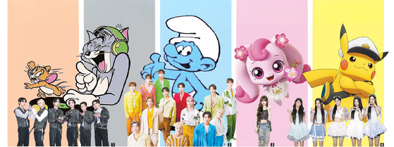 A composite image showing collaborations between K-pop artists and animated franchises [JOONGANG ILBO]