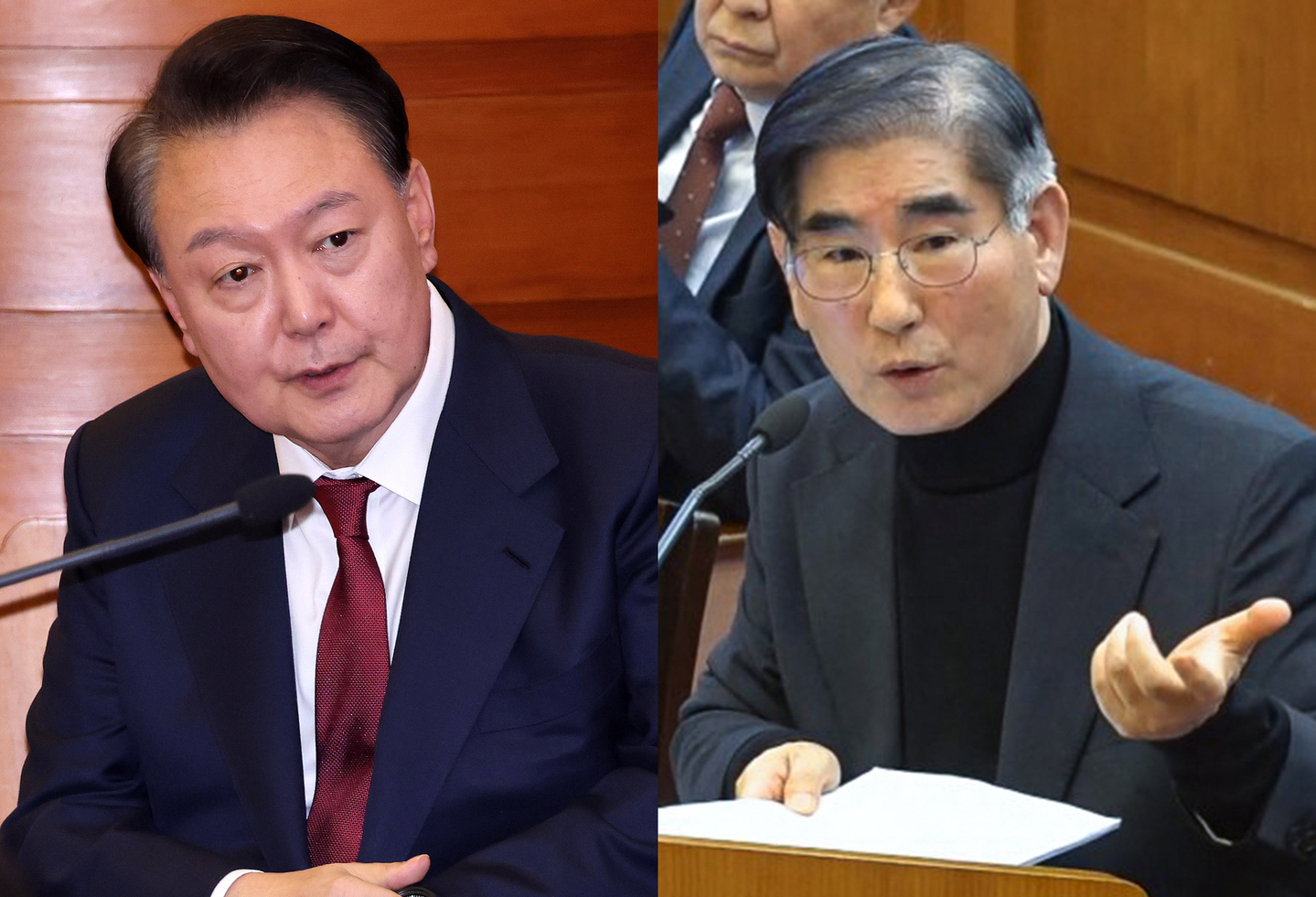 Former President Yoon Suk Yeol, left, and former Defense Minister Kim Yong-hyun are questioned during a Constitutional Court hearing on Yoon's impeachment, at the Constitutional Court in central Seoul on Jan. 23. [JOINT PRESS CORPS]