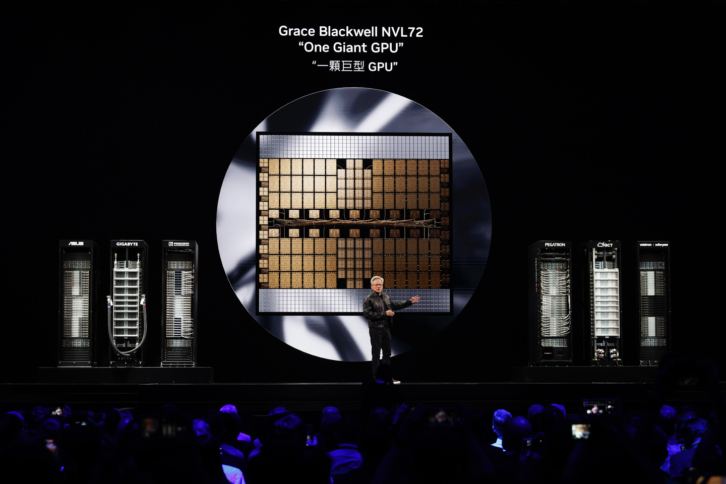 Nvidia CEO Jensen Huang displays the Grace Blackwell NVL72 GPU as he speaks at the Computex 2025 in Taipei, Taiwan, on May 19. [EPA/YONHAP]