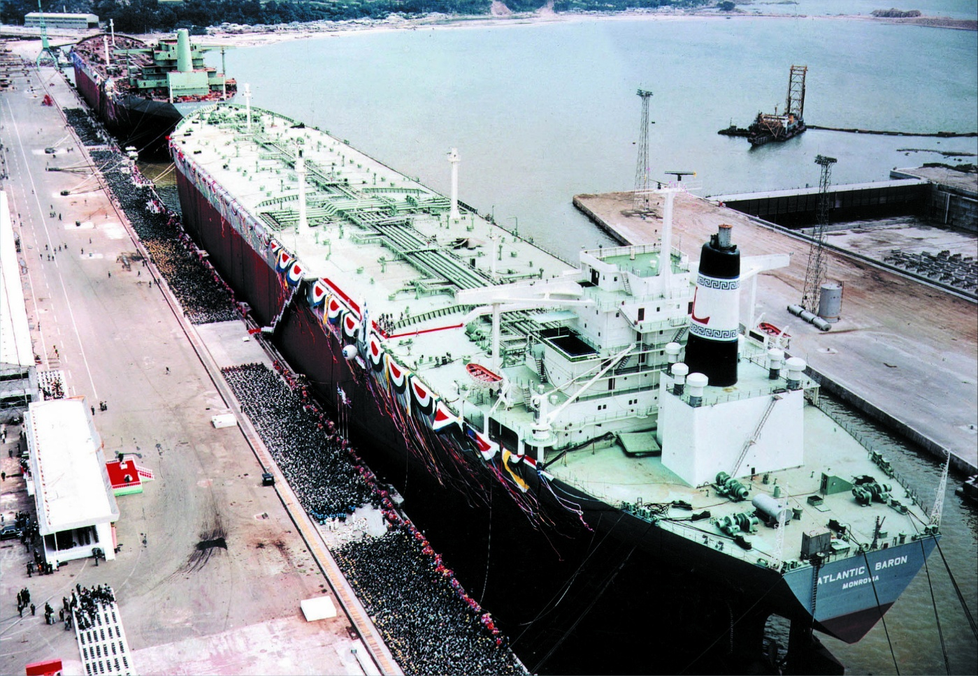 The Atlantic Baron, a 260,000-ton ultra-large crude oil carrier, which was the very first vessel constructed by HD Hyundai Heavy Industries at its Ulsan shipyard, is seen during the delivery and naming ceremony in June 1974. [HD HYUNDAI]