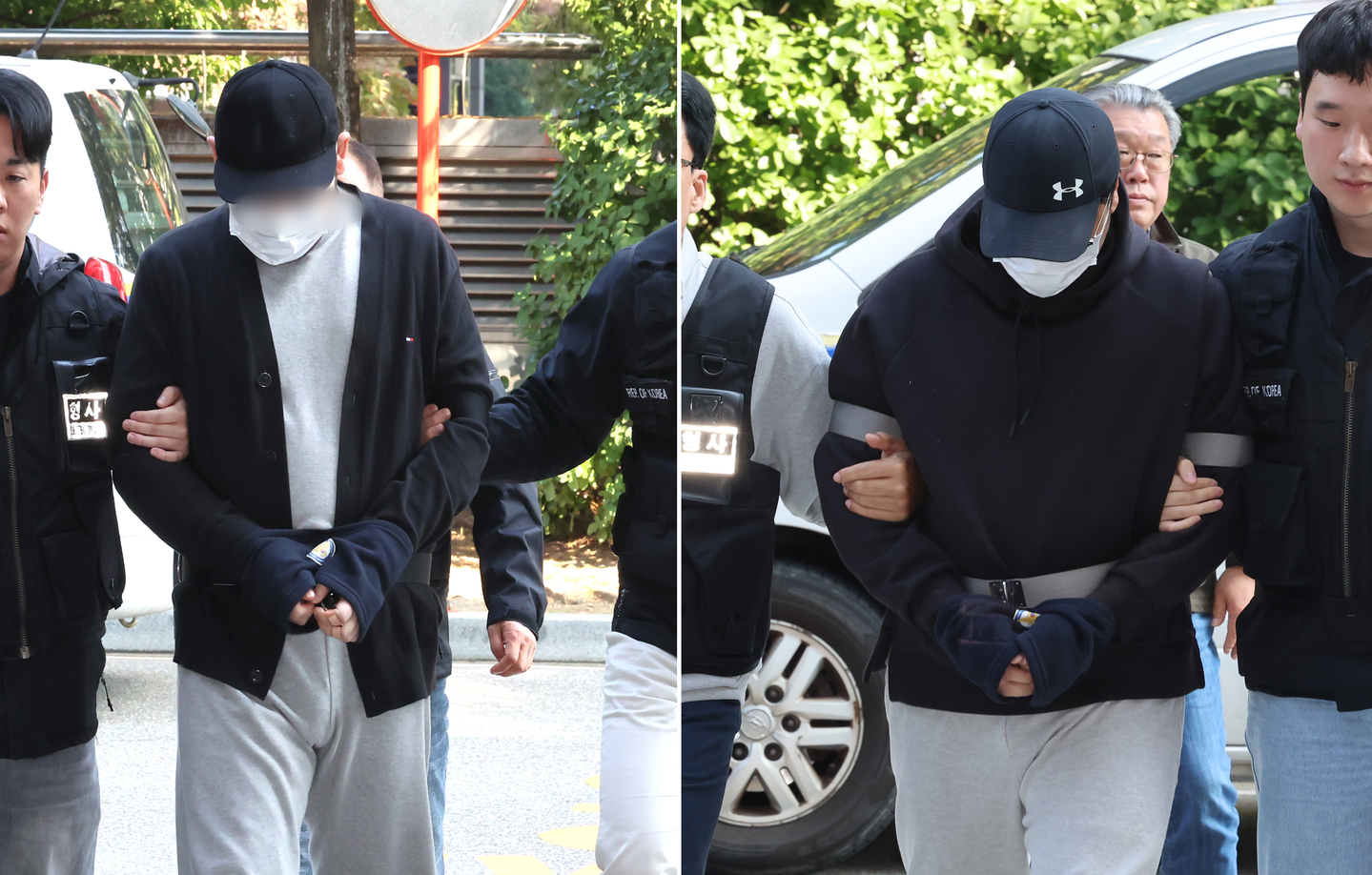 Two men accused of kidnapping and attempting to kill a gaming YouTuber appear for a pre-trial detention hearing at the Incheon District Court in Michuhol District, Incheon, on Oct. 29. [YONHAP]