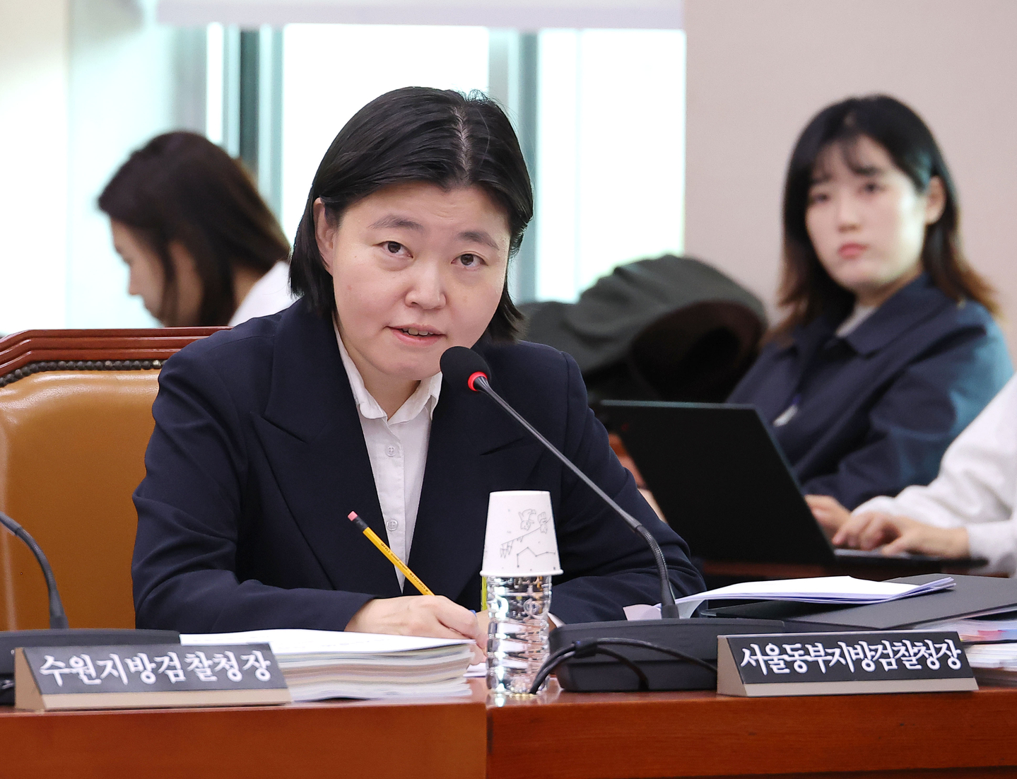 Im Eun-jeong, head of the Seoul Eastern District Prosecutors’ Office, answers questions from lawmakers during a Legislation and Judiciary Committee meeting at the National Assembly on Oct. 23. [YONHAP]